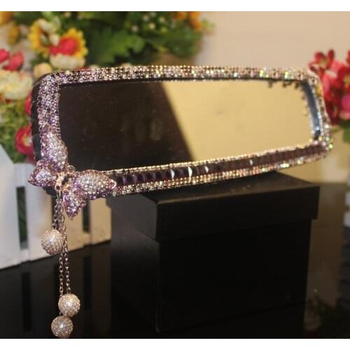Rhinestones Car Interior Rearview Mirror with Diamond Crystal Butterfly Car Rear View Mirror for Girls Auto Accessories