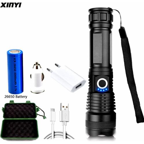 8000LM LED Flashlight USB Rechargeable Flashlight Tactical Torch XHP50 LED Flashlight Zoomable flashlights 1*18650/26650 Battery