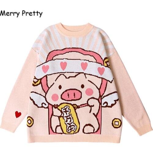 XUANHAO Womens Cartoon Pig Embroidery Knitted Sweaters And Pullovers Winter Thick Warm Girls Knit Jumpe Sweater Jacquard