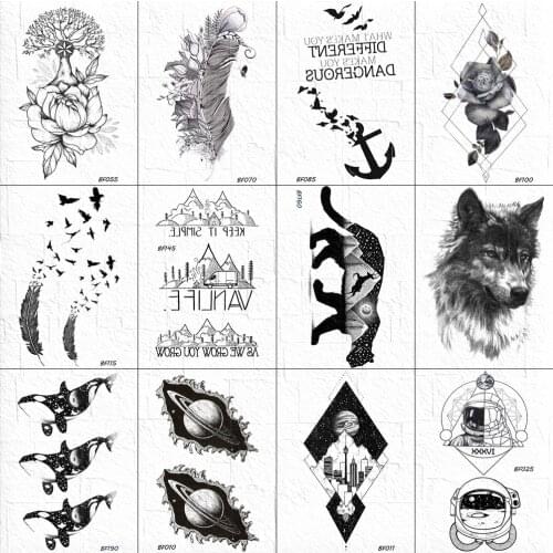 VANKIRS 3D Women Black Temporary Tattoo Body Arm Art Sketch Feather Birds Tatoos Stickers Men Wolf Mountain Tattoo Chest Paste