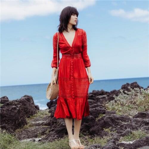Vintage Long Sleeve Red V Neck Hollow Out Bohemian Style Summer Dresses Maxi Beach Holiday Dress Button Ladies Sundress Dresses