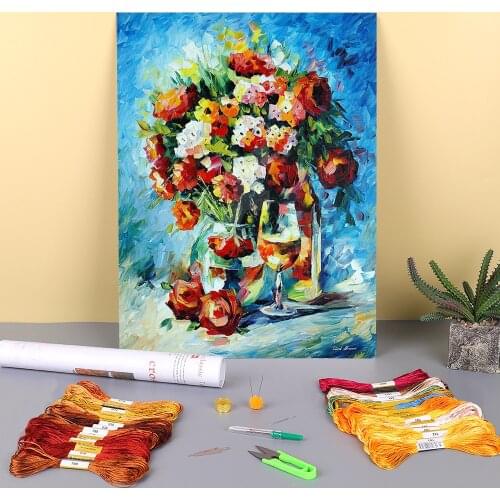 Flowers And Wine Printed Water-Soluble Canvas 11CT Cross Stitch Set Embroidery DMC Threads Handicraft Hobby Craft Counted