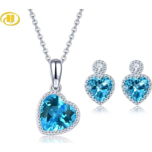 Hutang Natural Blue Topaz Sterling Silver Jewelry Set 5 Carats Geniune Gemstone Heart Lovely Style for Women Anniversary Gifts