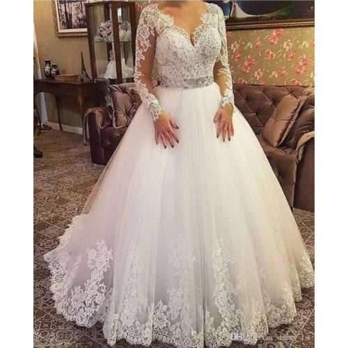 Wuzhiyi wedding dress 2020 O-neck appliques lace marriage dress sashes beading vestidos lace-up back marriage dress full sleeve