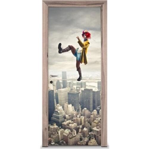 3D Door Sticker Clown Walking The Rope Wall Sticker DIY Door Cover Kitchen Home Decoration Accessories Modern 3d Wall Stickers
