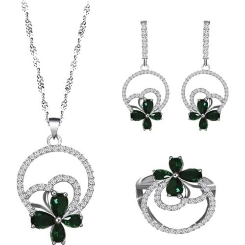 Ayowei big sale green cubic zircon silver color jewelry ring earring necklace set women anniversary/wedding/party JS840