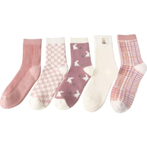 White Rabbit Socks Women Short Fashion Lattice Ladies Middle Tube Sock New Geometry Casual Funny Harajuku Streetwear Striped Sox