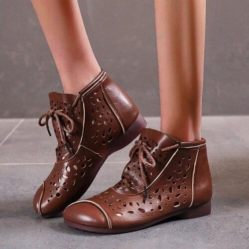 Womens Shoes Ethnic Style Retro Hollow Soft Leather Flat Soft Sandals Boots Spring/autumn Lace-up Womens Boots women shoes