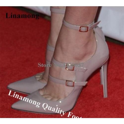 Linamong Brand Pointed Toe Patent Leather Stiletto Heel Pumps Nude Straps Buckles High Heels Classical Style Formal Dress Shoes