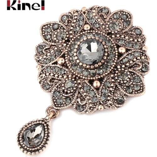 Kinel Vintage Gray Crystal Flower Turkish Brooch Pin For Women Antique Gold Arabesque Rhinestone Brooch Lapel Scarf Broches