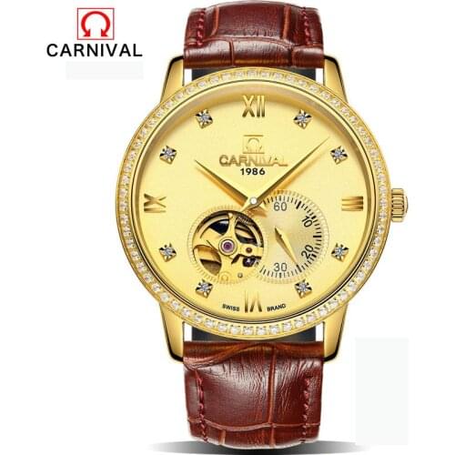 CARNIVAL Skeleton mens watches top brand luxury automatic mechanical watch sport waterproof black business belt watch Tourbillon