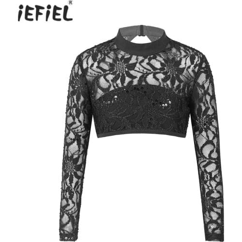 Kids Girls Long Sleeves Dance Crop Top See-through Embroidered Lace Sequins Crop Tops Ballet Dance Costume Street Jazz Dancewear