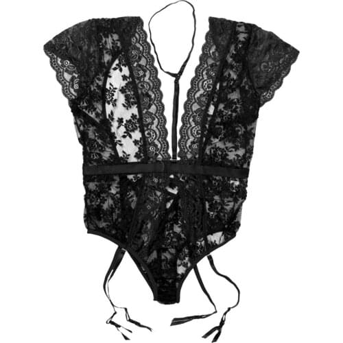 Womens Lingerie Nightgown V-neck Lace Bodysuit with Garter Belt Plus Size 3XL 4XL 5XL