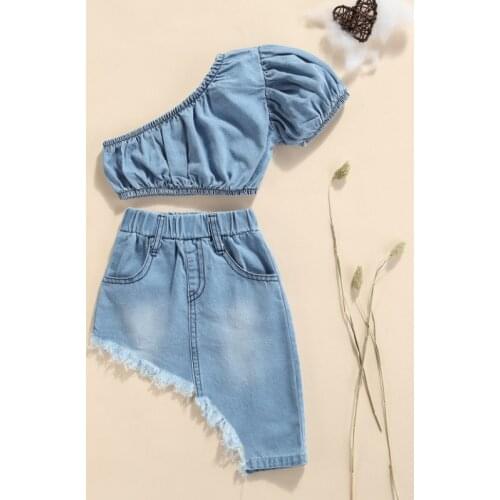 Girls Denim Clothes Set, Solid Color Short Sleeve Off-shoulder Cropped Tops + Irregular Hem Skirt