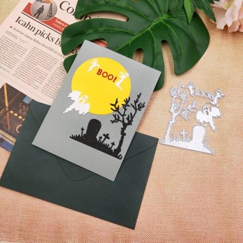 Halloween metal cutting scrapbook, tombstone with ghost embossed cutting used for greeting card and gift card decoration