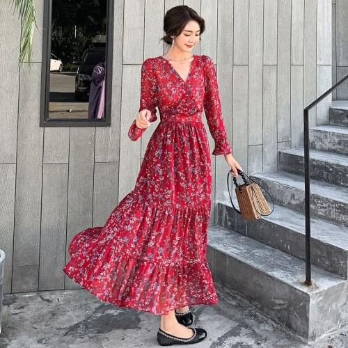 Fashion Custom Lady Chiffon Ruffle Maxi Dress OEM/ODM Women Elegant Casual Dresses