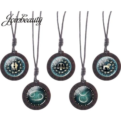 JOINBEAUTY Fashion Glass Wood Pendant Necklace 12 Zodiac Signs Women Men Birthday Christmas Gift Wholesale Jewelry D1177