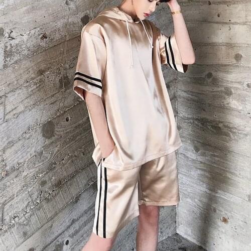 2PCS Set (T-shirt+pant) Men Short Sleeve Thin Satin Style Casual T-shirt Male Streetwear Hip Hop Party Tee Shirt Stage Clothing