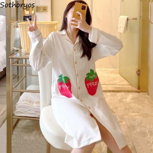 Nightgowns Women Long Sleeve Turn-down Collar White Sleepshirts Womens Simple Loose Leisure Nightwear New Fashion Chic Harajuku