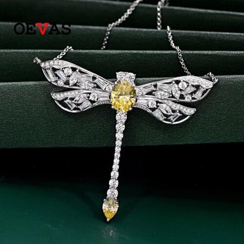 OEVAS 100% 925 Sterling Silver 8*10mm Yellow High Carbon Diamond 40+3cm Dragonfly Pendant Necklace For Women Party Fine Jewelry