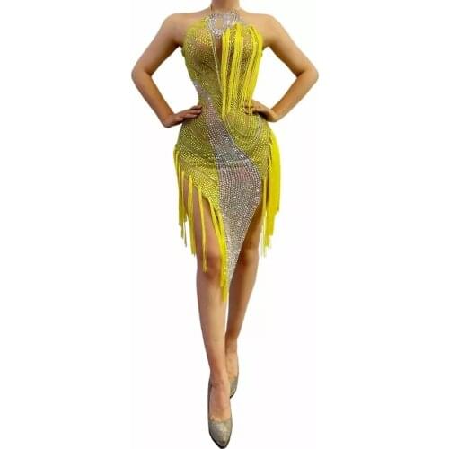 Sexy Yellow Crystal Fringes Latin Dress Women Birthday Celebrate See Through Mesh Dress Stage Costume Dance Outfit