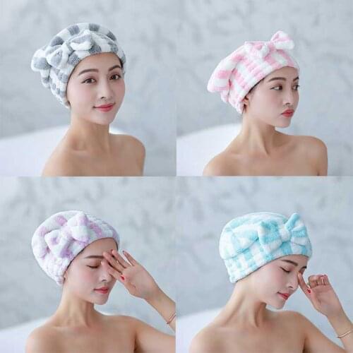 Striped Pattern Bowknot Dry Hair Towel Coral Fleece Quick-drying Hair Cap Shower Cap for Women Super Absorbent Bath Accessories