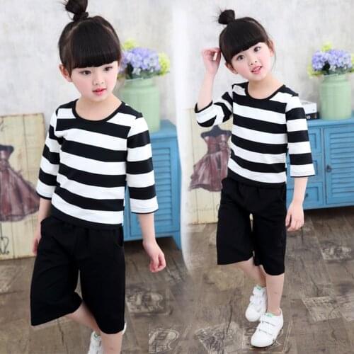 High quality girl child 2019 summer child girls short-sleeve shorts child stripe t-shirt wide leg pants set kids 3~11Age