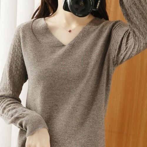New sweater women spring and autumn pullover V-neck solid color hollow sleeve large size cashmere pullover