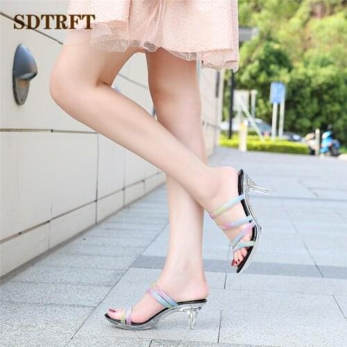 SDTRFT Summer ladies Nightclub shoes woman sandals Transparent 7cm Thin High Heels Party Pumps PVC Peep Toe Non-slip Slipper
