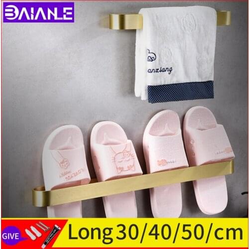 Bathroom Towel Bar Brushed Gold Self Adhesive Towel Holder Wall Towel Rod Toilet slippers rack Storage Shelf bathroom accessory