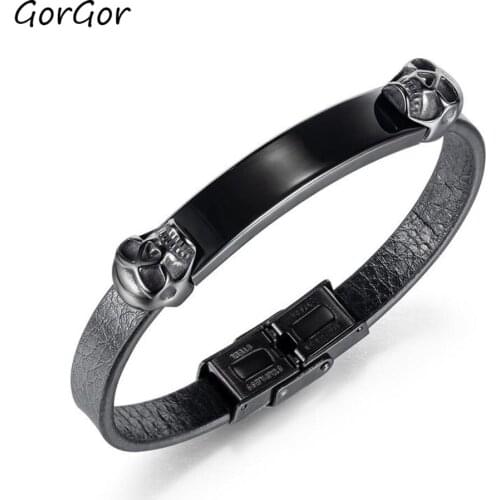GorGor Bangles Men Stainless Steel Pattern Two Skeleton Removable Adjustment Fiber Synthetic Leather Simplicity Accessories 1397