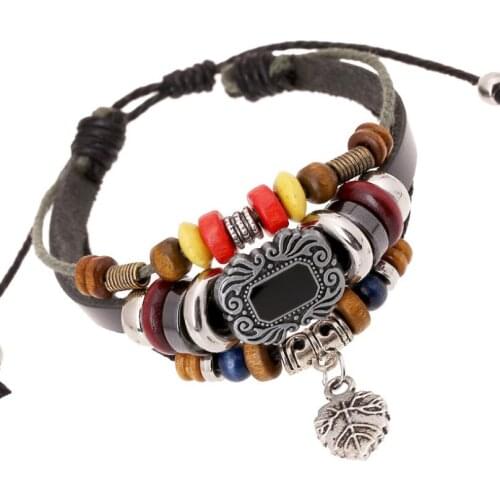 Retro Vintage Leaf Black Bead Bracelet Wrap Handmade Multilayer Rope Leather Charm Bangle Wristbands Hippie Fashion Jewelry Gift