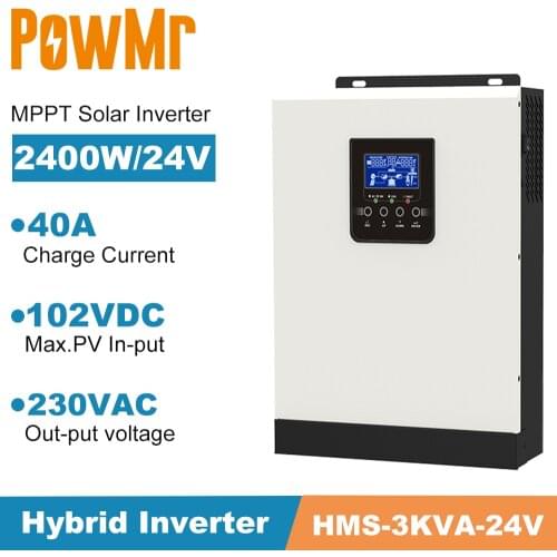 3KVA 2400W 230VAC Off Grid Inversor Pure Sine Wave Solar Charger Built in MPPT 40A 24V Battery Charger 50/60Hz Hybrid Inverter
