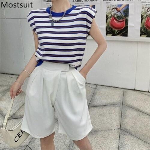 2021 Summer Striped Knitted Pullover Knitwear Women Sleeveless O-neck Tops Sweater Korean Casual Fashion Vintage Jumpers Femme