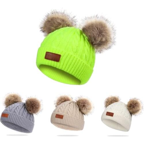 2021 Winter Baby Hat Cotton Newborn Hats Plush Thick Children Scarf Kids Warm Knitted Hat Furry Balls Pompom Solid Beanie Cap