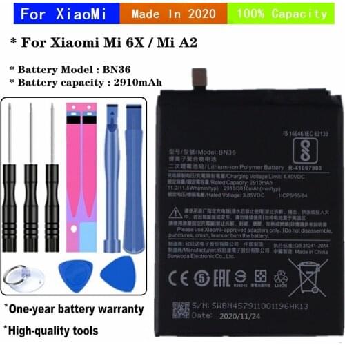 2020 years Mobile Phone Battery for Xiaomi Mi Mi6X MiA2 Battery 6X A2 Replacement Batteries BN36 3010mAh