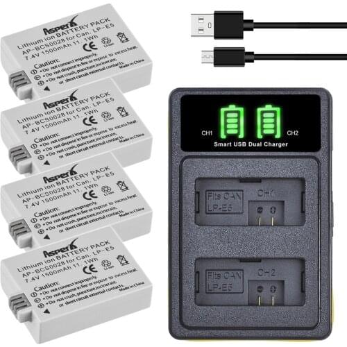 4Pcs 1500mAh LP-E5 LP E5 Batteries + LED Built-in USB Charger for Canon EOS Rebel XS Rebel T1i Rebel XSi 1000D 450D Kiss X3 X2 F