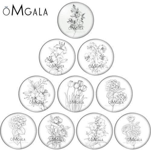 Black and white hand drawing flowers 12mm/14mm/16mm/18mm/20mm/25mm Round Photo Glass Cabochon Demo Flat Back Making Findings
