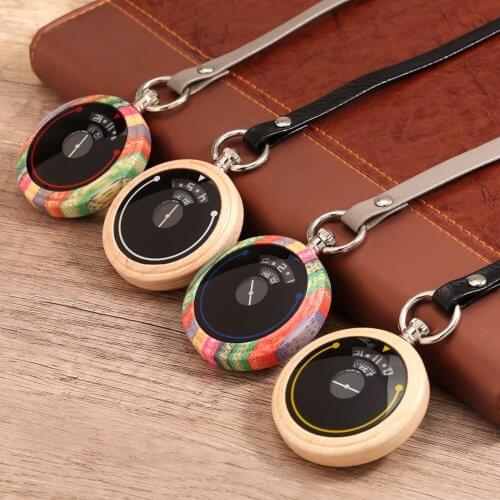 Wooden Quartz Pocket Watch Creative Non-Pointer Sport Mountaineer Colorful Round Case Pocket Watch Chain Pendant for Men Women