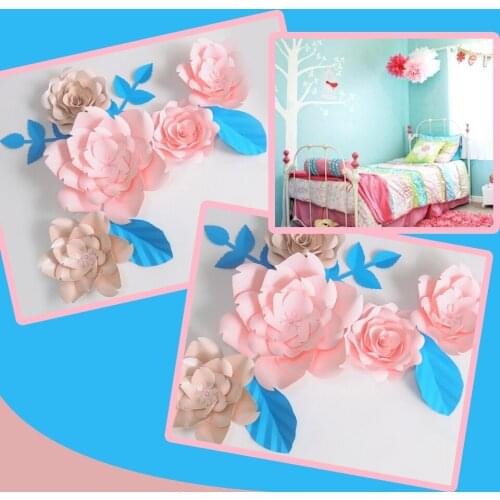 DIY Giant Paper Flowers Artificial Rose Fleurs Artificielles Backdrop 5pcs+ 4 Leave Bedroom Wall Deco Economic Light Pink