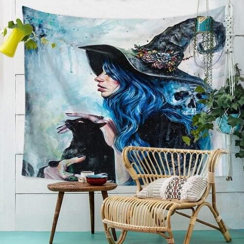 Witch with Long Blue Hair Oil Painting Tapestry Wall Hanging for Bedroom Living Room