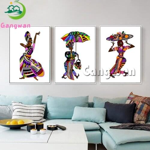 Cartoon African woman dancing girl art Diamond Painting Diamond Embroidery Mosaic Set Triptych Painting Full Square Round Drill