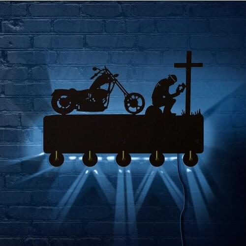 Christian Biker Praying At Cross Motorcycle Decor Wall Light Hook Clothes Bag Key Holder Hanger Motorbike Riders Motorcyclist