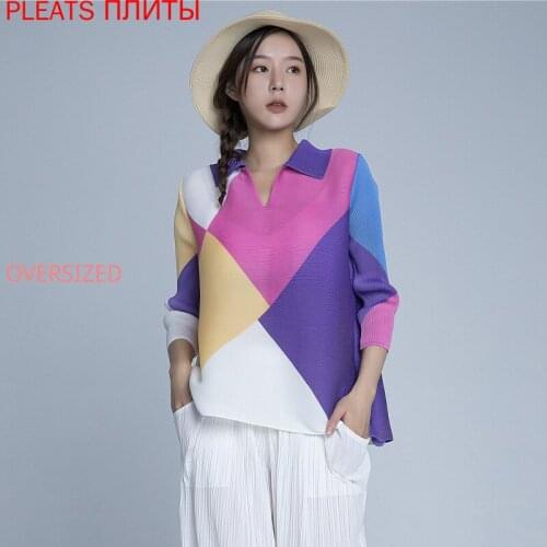 Miyake Folds New Cross-border Color Matching Printing Versatile Loose Blouse Temperament Versatile Ladies Shirt PLEATS Oversized