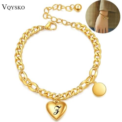 Fashion Love Heart&Round Tag Charm Initial Alphabet Bracelets For Women Stainless Steel Chain Jewelry Bangles Wholesale