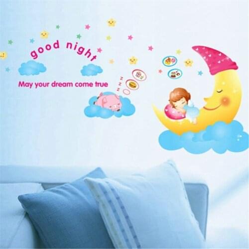 Cartoon Wall Stickers Girl on The Moon Sticker for Kids Girls Room Decoration Living Room Background Decorative Art Decals