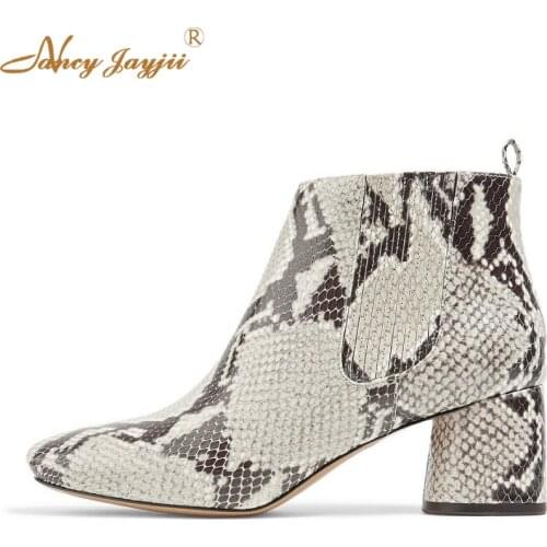 Chelsea Ankle Boots For Women Shoes Snake Print Leather 60mm Chunky Heels High Dress Party Autumn/Winter 2019 Mature Fashion