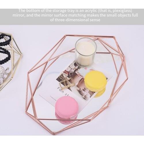 Three-Dimensional New Arrival Wrought Iron Storage Tray Nordic Minimalist Rose Gold Mirror Bottom Hexagonal Tray Home Decoration