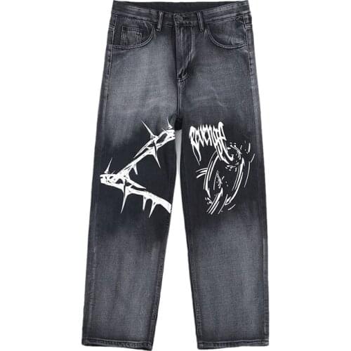 New Trendy Brand All-match Hong Kong Style Graffiti Gradient Printing Jeans Teen Jeans Loose Straight-leg Casual Pants