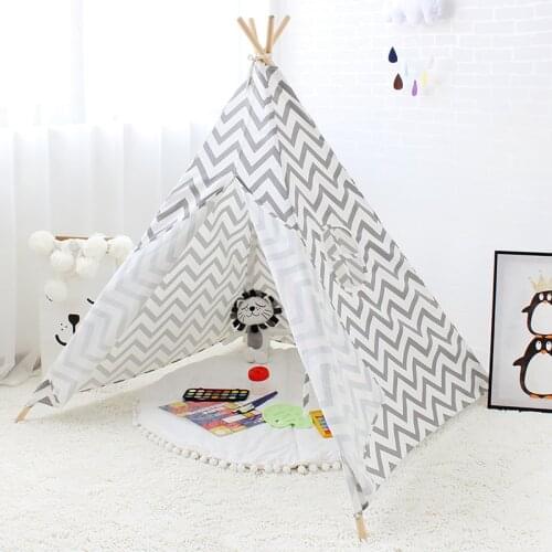 Children Tipi Tent 4 Poles Cotton Canvas Indian Teepee Play Tent For kids Gray Wave Pattern Portable Playhouses For Kids